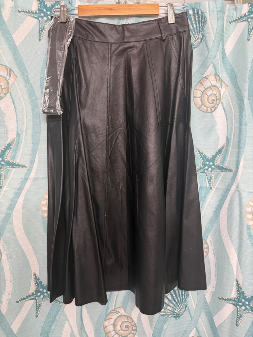 Black Faux Leather A-Line Midi Skirt